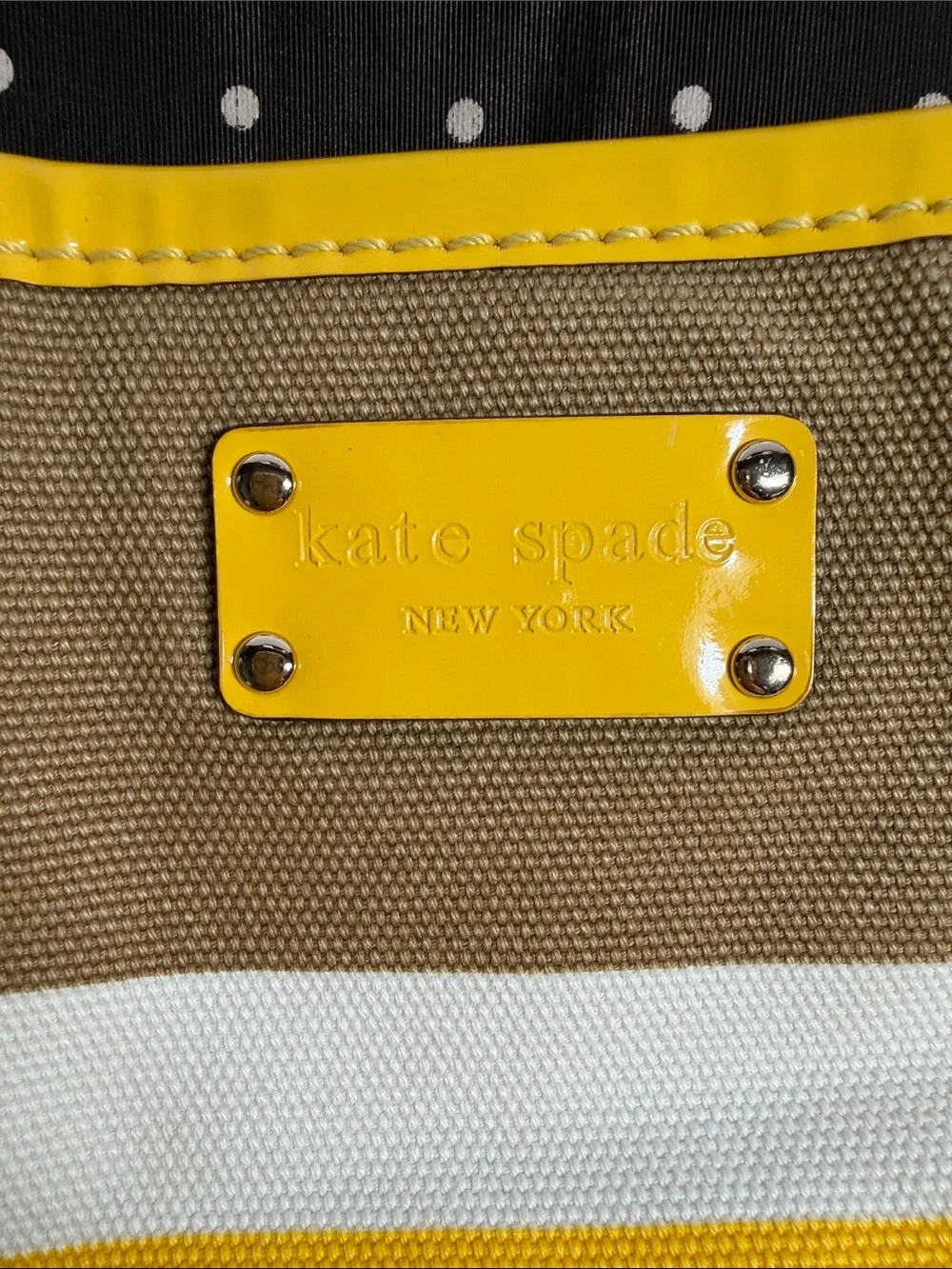 Striped Yellow, white and brown Canvas Bag with Patent Trim